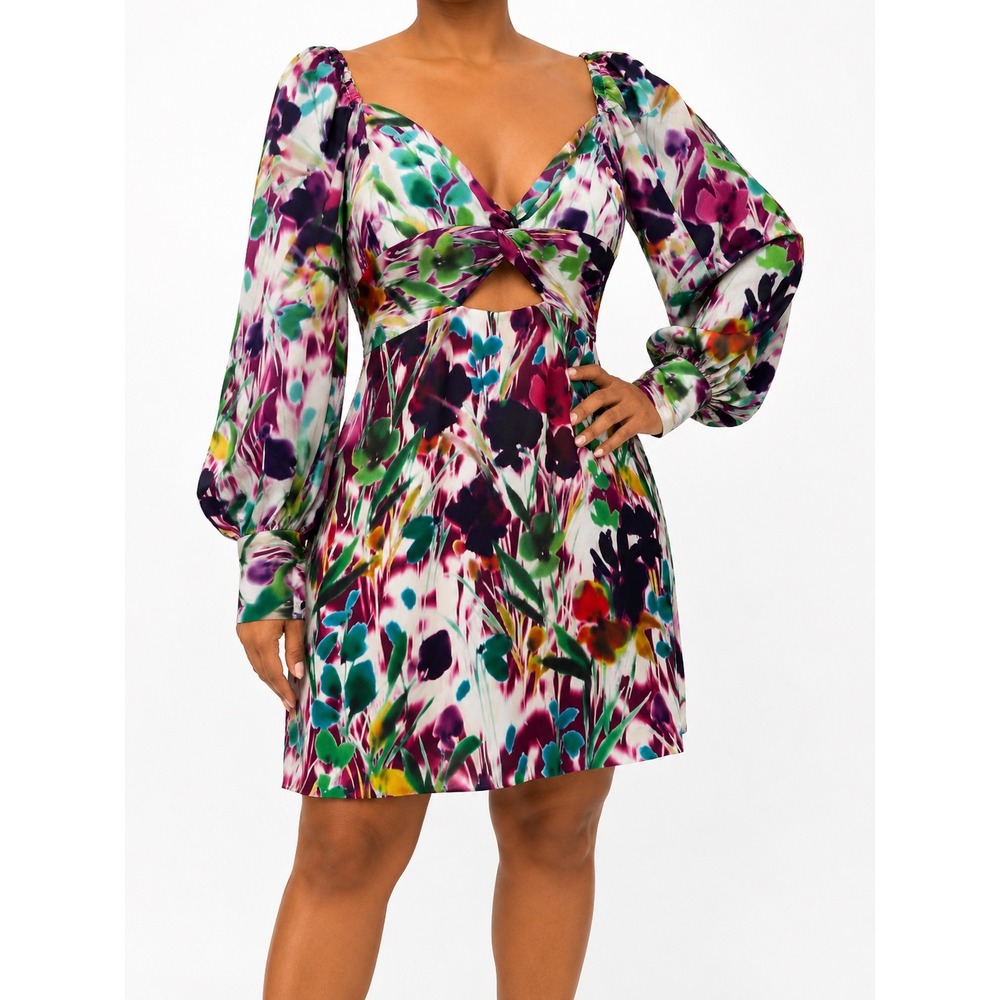 ONE33 Social Floral Cutout Mini Dress Long Balloon Sleeve Multi Color Sweetheart